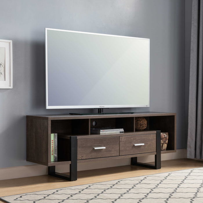 Modern TV Stand With Three Shelves And Two Drawers - Dark Brown / Black