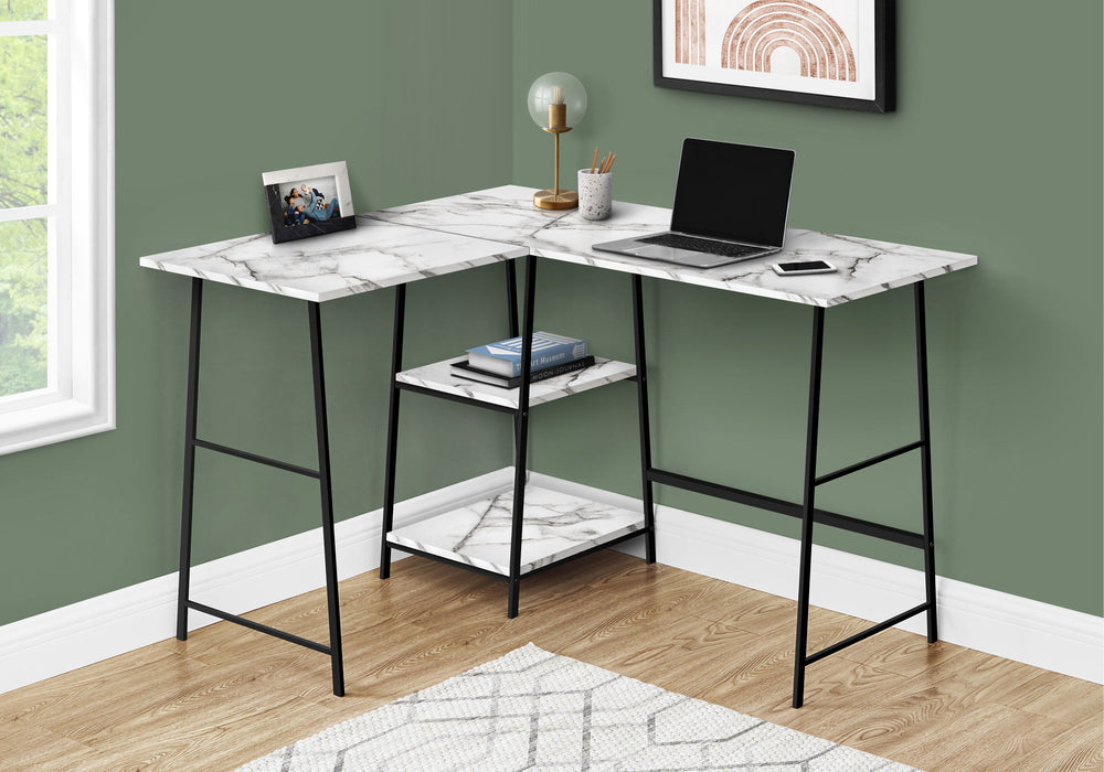 Computer Desk, Home Office, Corner, Storage Shelves, L Shape, Work, Laptop, Marble Look Laminate, Contemporary, Modern - White