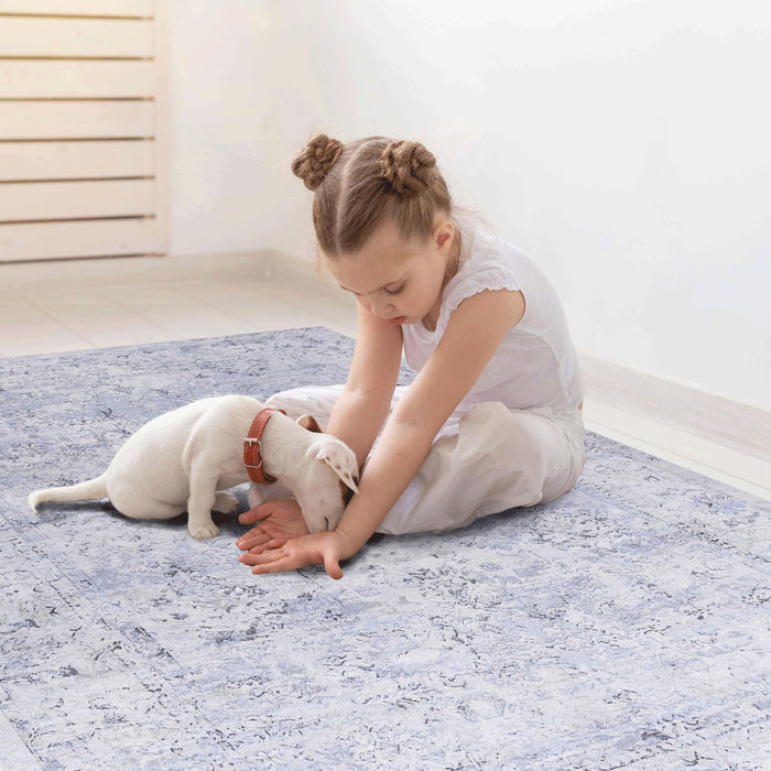 2' x 3' Machine Washable Area Rugs, Low-Pile, Non-Slip, Non-Shedding, Foldable, Kid & Pet Friendly Area Rugs For Living Room, Bedroom, Kitchen, Dining Room Rug, Perfect Gifts - Blue / Cream