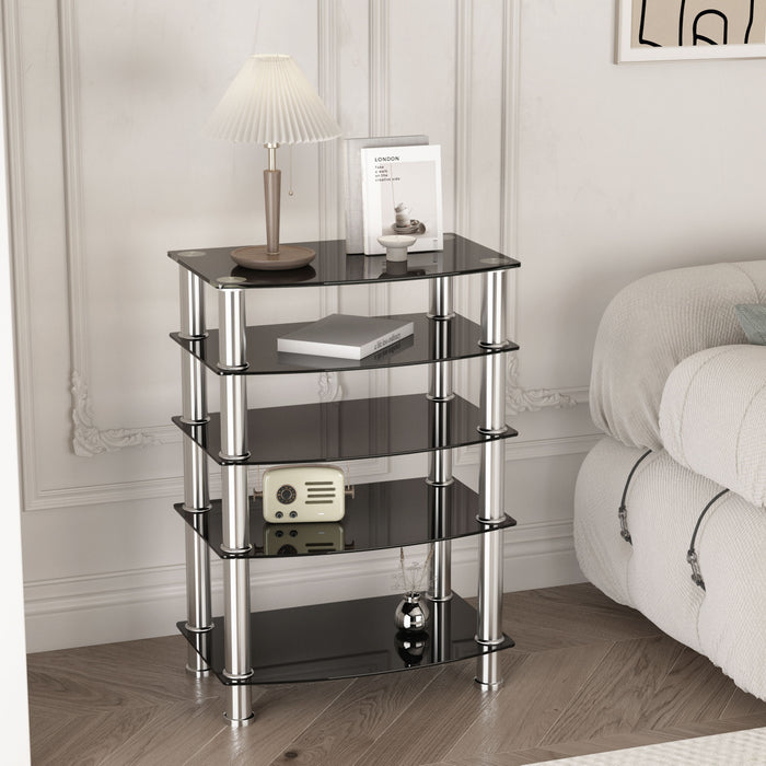 5 Tier Tempered Glass Side Table, Stainless Steel Frame End Table For Living Room, Bedroom - Black