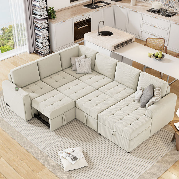 U-Shaped Sofa Sectional Sofa Pull-Out Sofa Bed With A Storage Chaise Lounge, Charging Devices For Living Room - Beige