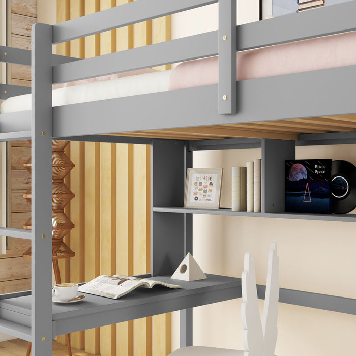 Loft Bed With Desk And Shelves, Safety Guardrail And Ladder