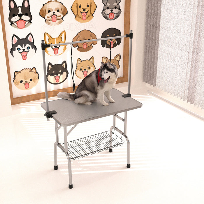 Folding Dog Pet Grooming Table Stainless Steel Frame Rubber Mat On Board With Adjustable Arm And Clamps Pet Dog Cat Grooming Table - Silver Gray