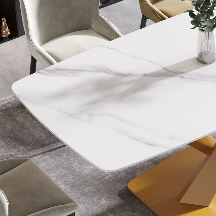 63" Modern Artificial Stone White Curved Metal Leg Dining Table, 6 People - White / Gold