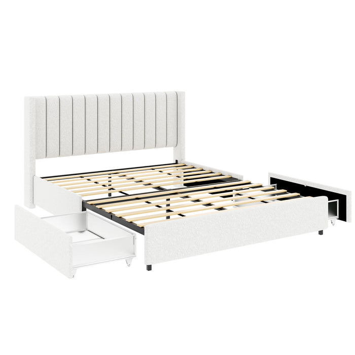 Anda - Boucle Upholstered Platform Bed With Patented Drawers Storage - Ivory