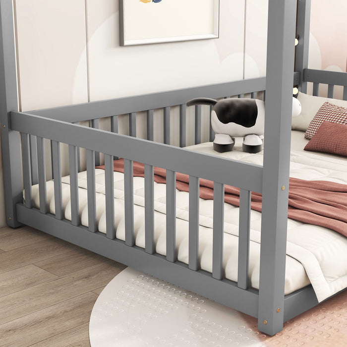 Canopy Frame Floor Bed With Fence, Guardrails