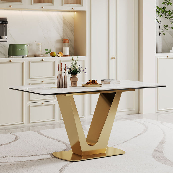 Sintered Stone Composite Tempered Glass Top Dining Table With V-Shape Stainless Steel Base - Gold