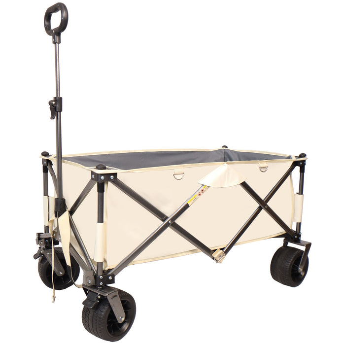 Folding Wagon, Heavy Duty Utility Beach Wagon Cart For Sand With Big Wheels, Adjustable Handle & Drink Holders For Shopping, Camping, Garden And Outdoor - Antique White / Gray