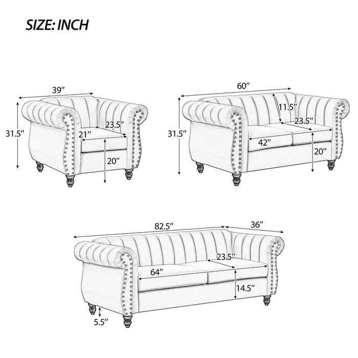 Modern Three Piece Sofa Set With Solid Wood Legs, Buttoned Tufted Backrest - Frosted Velvet Upholstered Sofa Set Including Three Seater Sofa, Double Seater And Living Room Furniture Set Single Chair