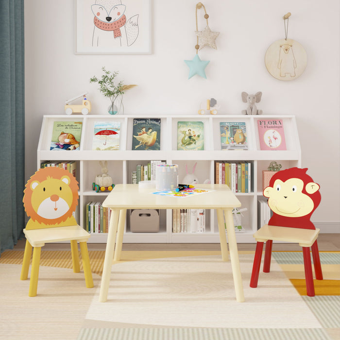 Kids Table And 2 Chairs Set, 3 Pieces Toddler Table And Chair Set, Wooden Activity Play Table Set (Lion&Monkey) - Natural