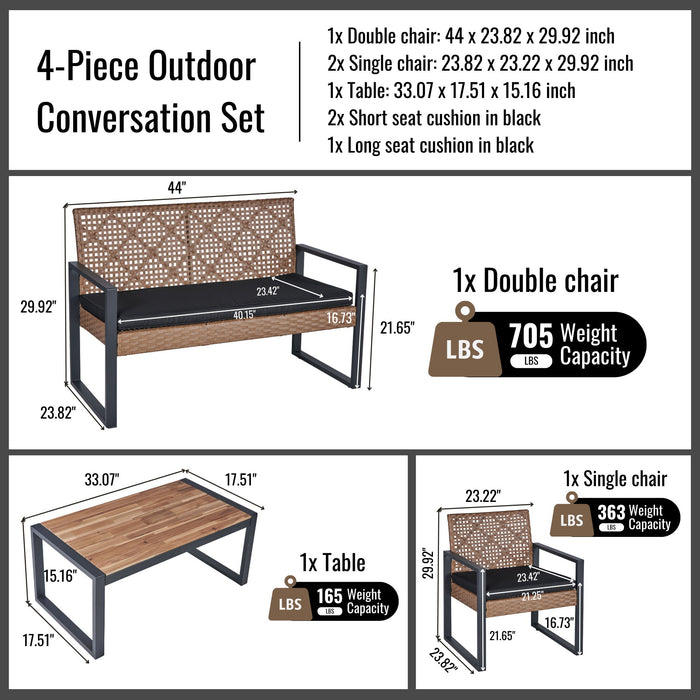 4 Piece Patio Furniture Set Outdoor Balcony Porch Garden Backyard Lawn Furniture Acacia Wood Table Top, Morden - Black And Light Brown