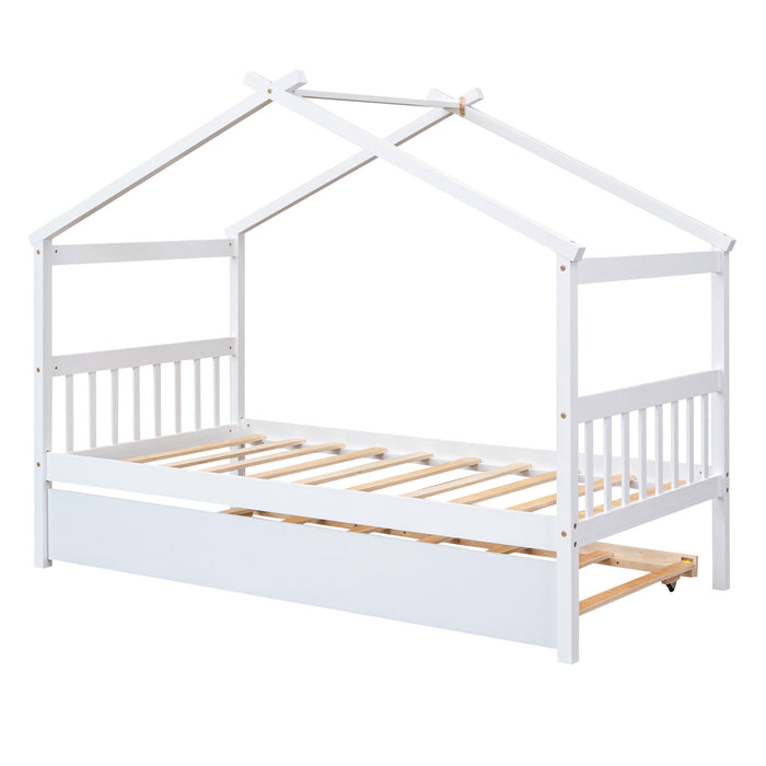 Twin Size Wooden House Bed With Twin Size Trundle - White