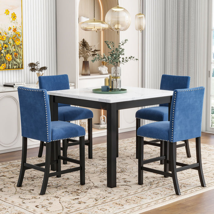 5-Piece Counter Height Dining Table Set With One Faux Marble Top Dining Table And Four Velvet Upholstered Chairs