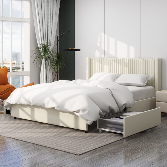 Anna - Upholstered Wingback Platform Bed With 4 Drawers Storage