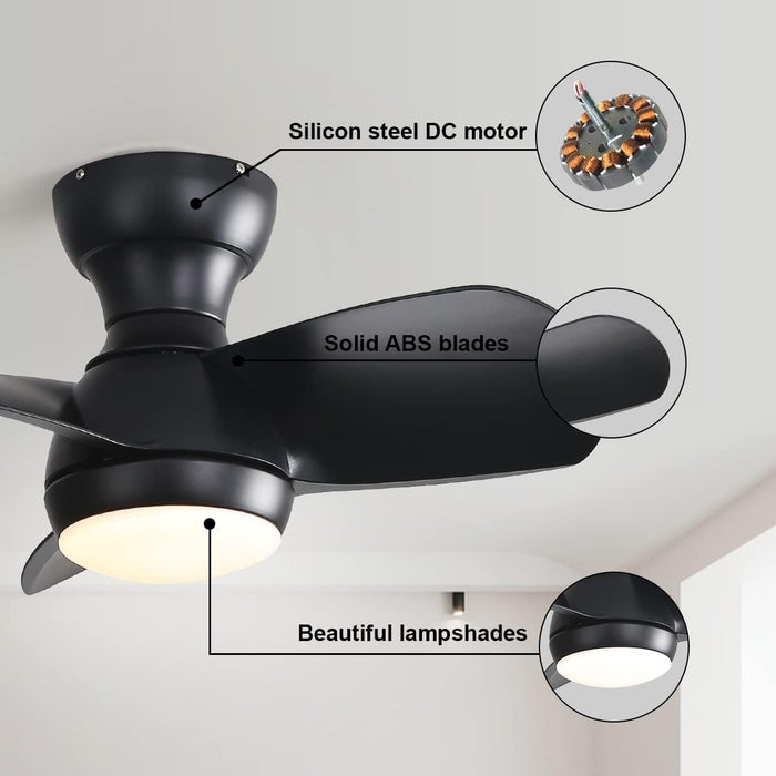 23" Bedroom Ceiling Fan With 3 Color Dimmable 3 ABS Blades Remote Control Dc Motor Black With 18W Led Light