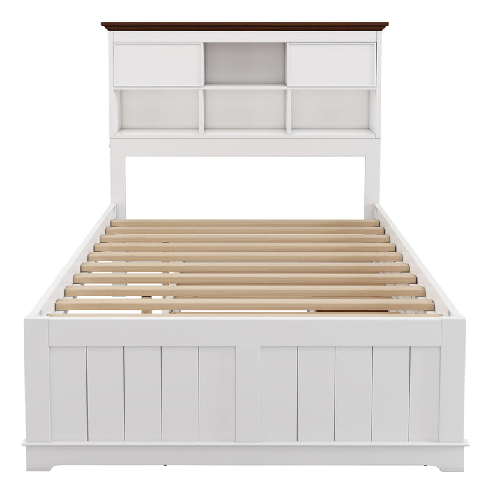 Full Solid Pine Captain Bookcase Bed With Trundle Bed And 3 Spacious Under Bed Drawers In Casual - White / Walnut