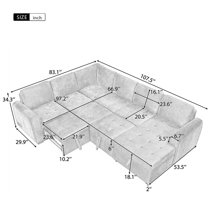 U-Shaped Sofa Sectional Sofa Pull-Out Sofa Bed With A Storage Chaise Lounge, Charging Devices For Living Room - Gray