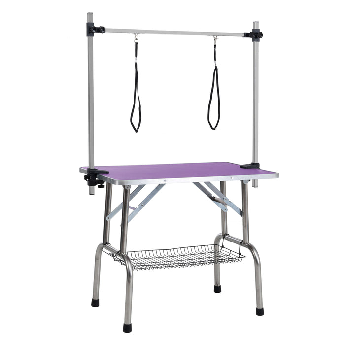 Folding Dog Pet Grooming Table Stainless Steel Frame, Rubber Mat On Board With Adjustable Arm And Clamps Pet Dog Cat Grooming Table - Purple