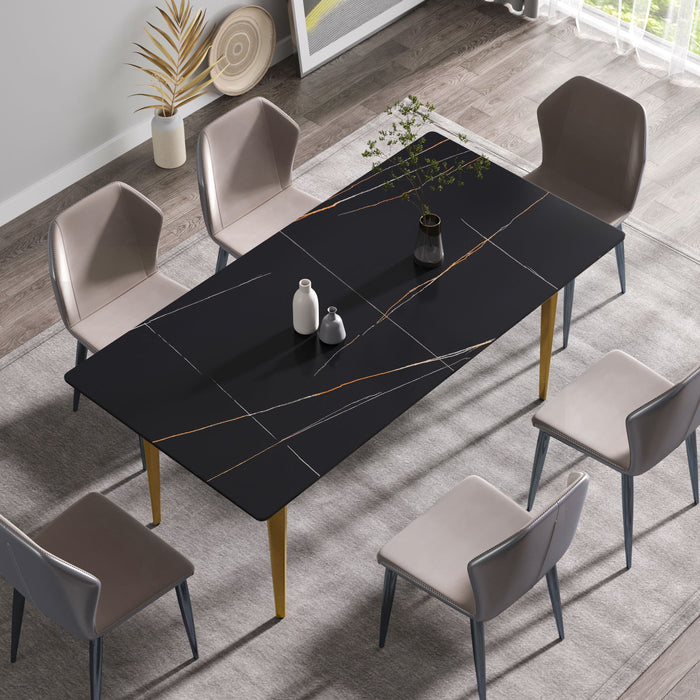 70.87" Modern Artificial Stone Straight Edge Golden Metal Leg Dining Table, Can Accommodate 6-8 People - Black