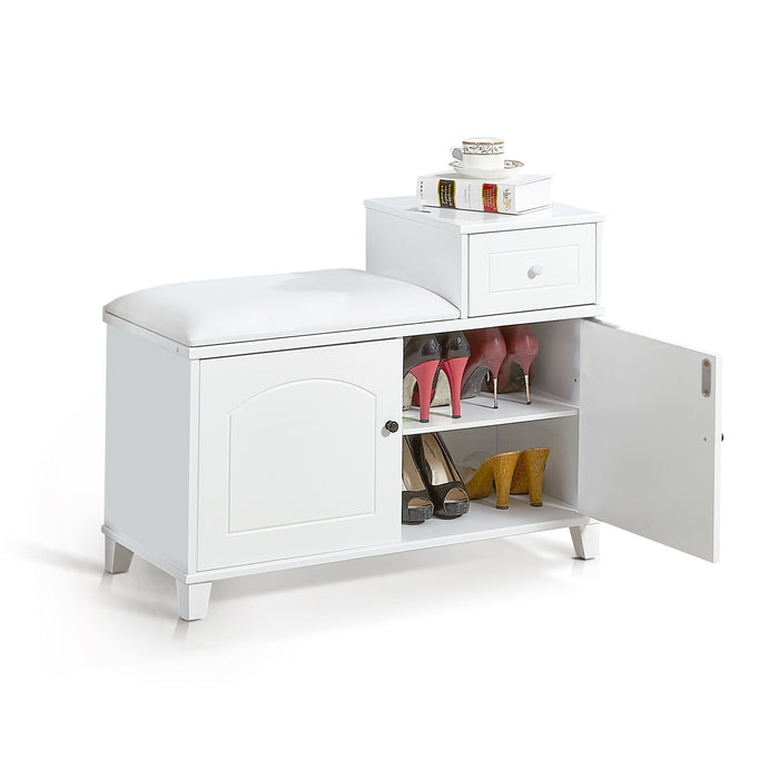 Shoe Storage Bench Cabinet With Fireproof PU Cushion, Double Doors And Movable Drawer For Door Entrance - White