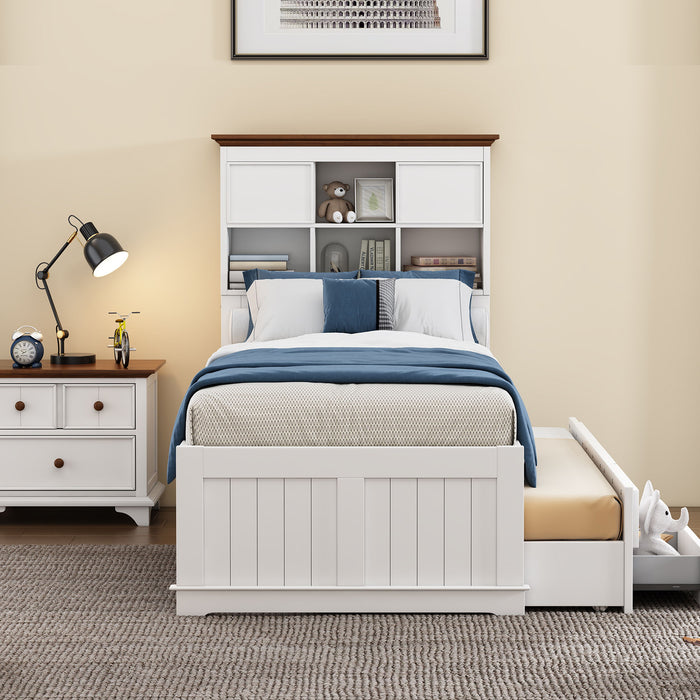 Solid Pine Captain Bookcase Bed With Trundle Bed And 3 Spacious Under Bed Drawers In Casual