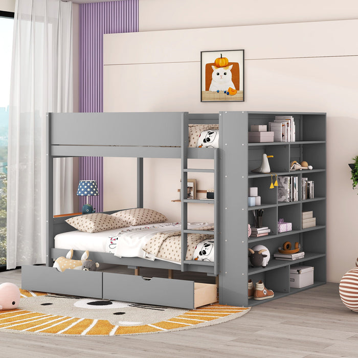 Full Over Full Bunk Bed With 2 Drawers And Multi - Layer Cabinet