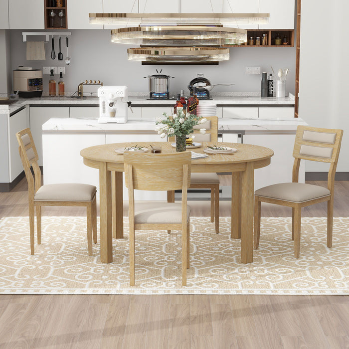 Multifunctional Dining Table Set, Farmhouse Dining Set With Extendable Round Table, Two Small Drawers And 4 Upholstered Dining Chairs For Kitchen And Dining Room