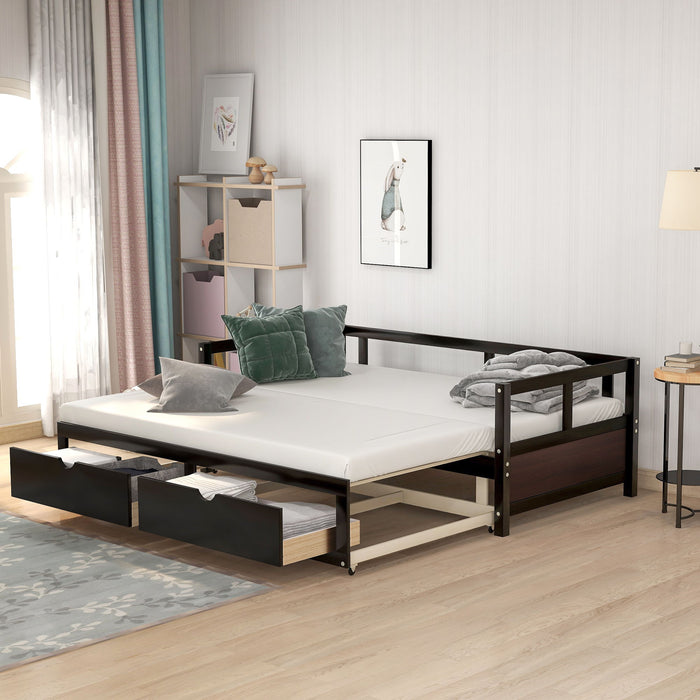 Wooden Daybed With Trundle Bed And Two Storage Drawers, Extendable Bed Daybed, Sofa Bed For Bedroom Living Room - Espresso