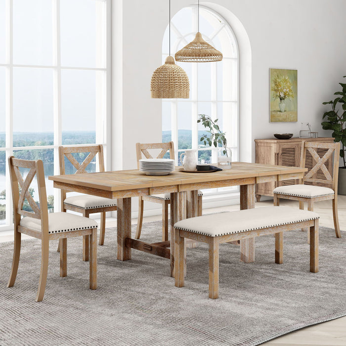 Topmax - 6 Piece Farmhouse Extendable Dining Table With Footrest, 4 Upholstered Dining Chairs And Dining Bench, Two 11" Removable Leaf