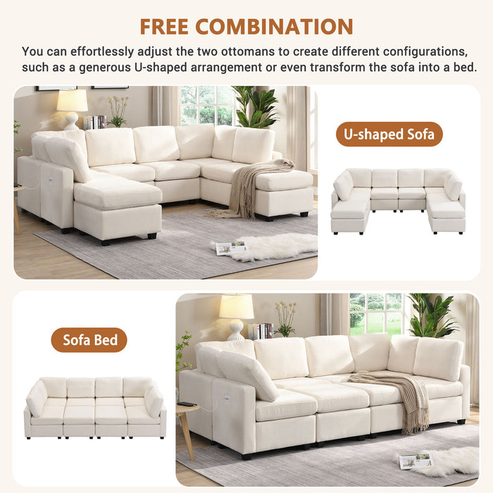 Sectional Sofa Couch Sofa Bed U-Shaped Sofa With Two Movable Ottoman And Three USB Ports For Living Room