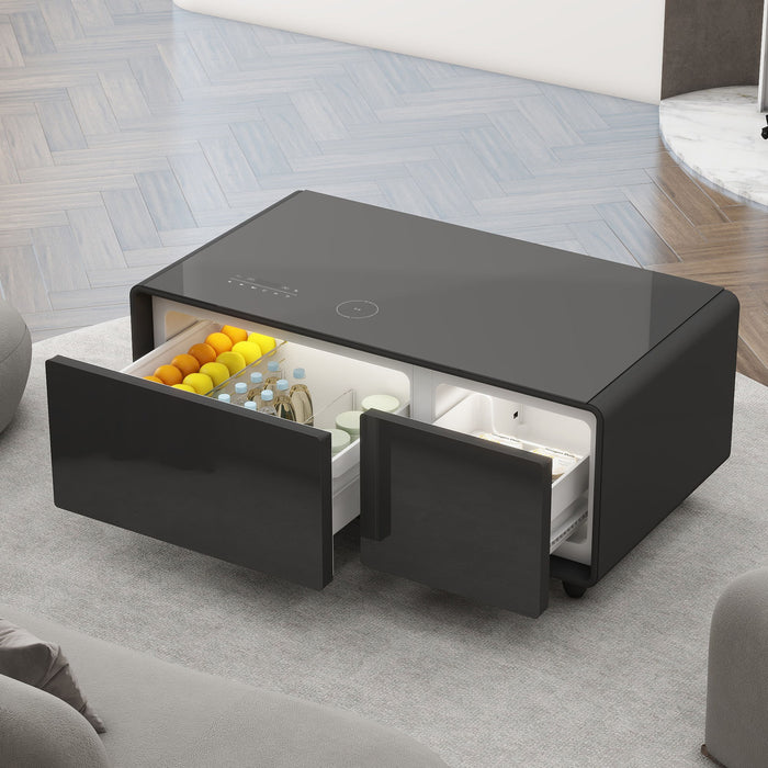 Modern Smart Coffee Table With Built-In Fridge - Bluetooth Speaker, Wireless Charging, Touch Control Panel, USB Interface, Outlet Protection, Atmosphere Light