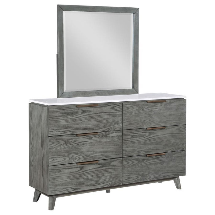 Nathan - 6-Drawer Dresser With Mirror - White Marble And Grey