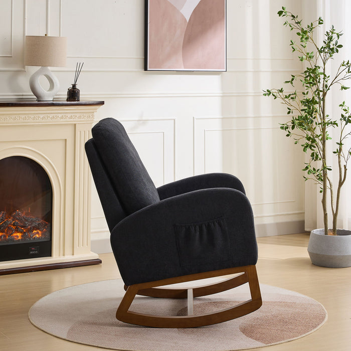 Rocking Chair For Nursery, Polyester Glider Chair With High Back And Side Pocket, Rocking Accent Armchair With Rubber Wood Legs For Living Room / Bedroom