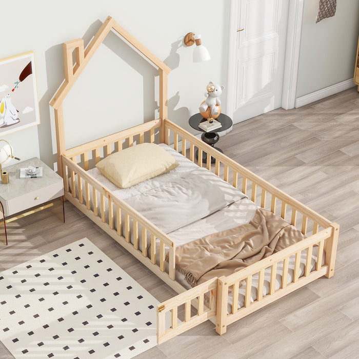 House-Shaped Headboard Floor Bed With Fence