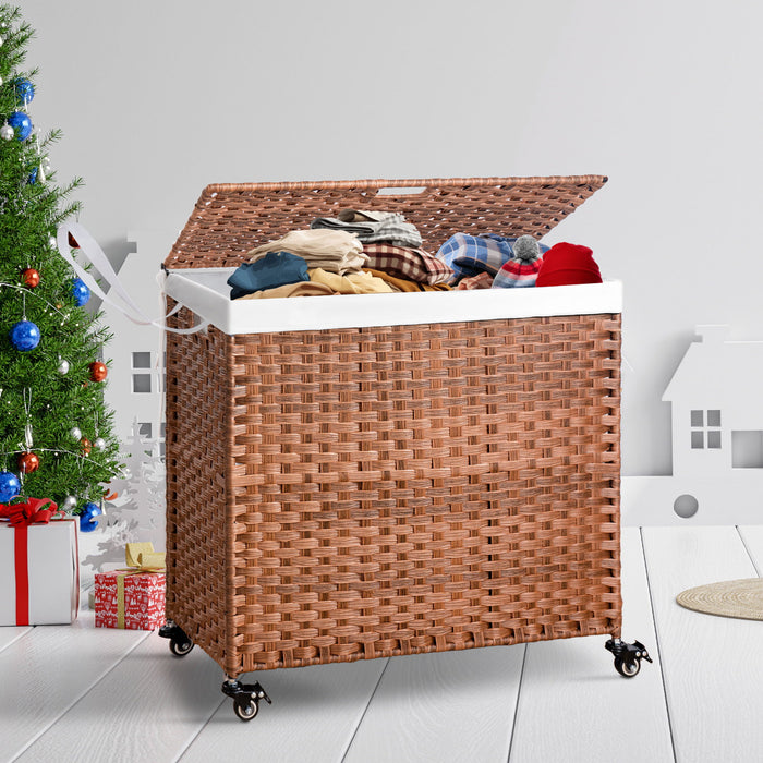 Laundry Hamper With Lid PE Rattan Powder Coating Frame Clothes Hampers With 2 Removable Bags