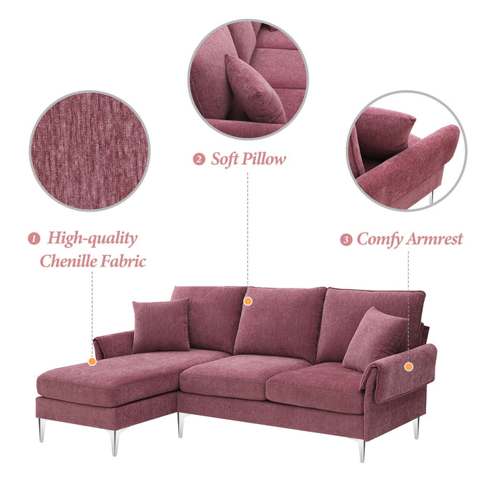 Modern Chenille L-Shaped Sofa With Reversible Lounge, Convertible Sectional Couch Set, 4 Seat Indoor Furniture With Reversible Chaise, Fit For Living Room, Apartment (2 Pillows)