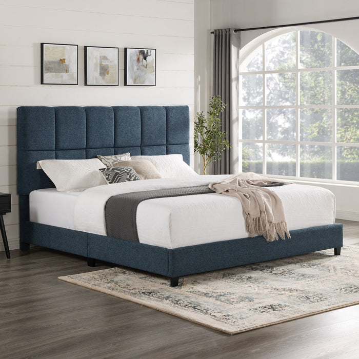 King Size Squares Upholstered Platform Bed - Navy Blue Denim