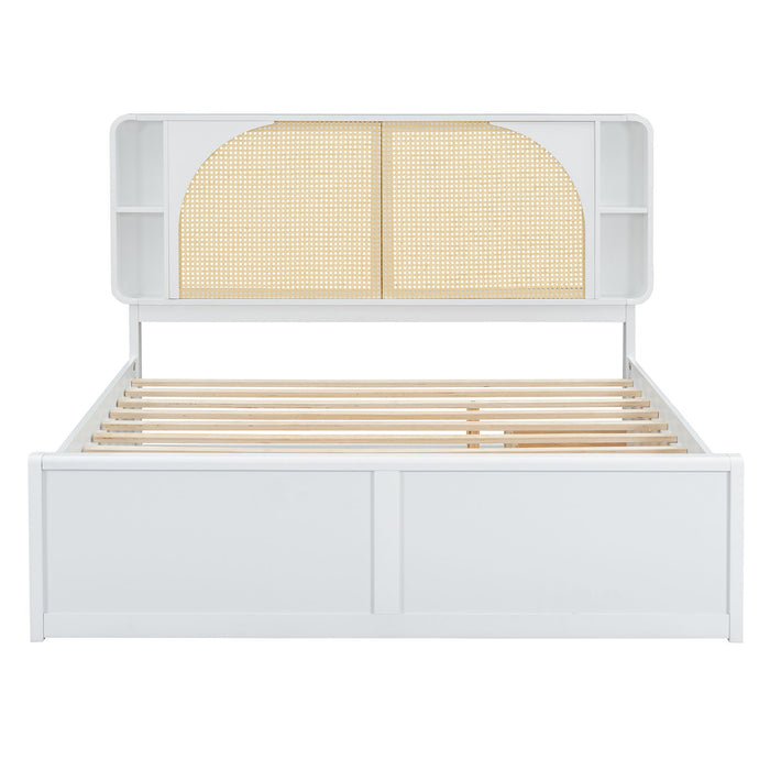 Queen Size Rattan Headboard Bed With Two Drawers And Trundle - White