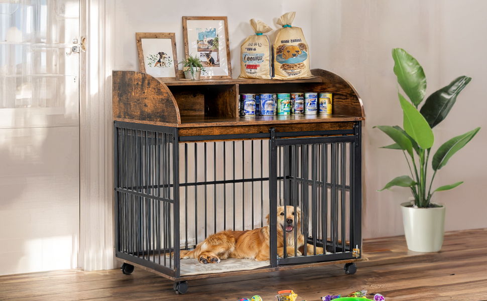 Heavy Duty Dog Crate Furniture For Medium Dog With Lockable Wheels, Wooden Dog Crate Dog Kennel, End Table Crate With Double Layer Storage