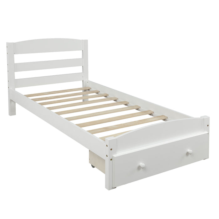 Twin Platform Bed Frame With Storage Drawer And Wood Slat Support No Box Spring Needed - White