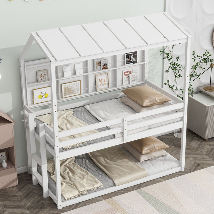 House Loft Bed With Guardrails, Semi-Enclosed Roof, Bedside Shelves And Ladder