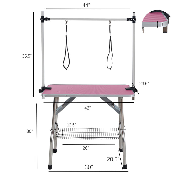 Folding Dog Pet Grooming Table, Stainless Steel Frame Rubber Mat On Board With Adjustable Arm And Clamps Pet Dog Cat Grooming Table - Pink