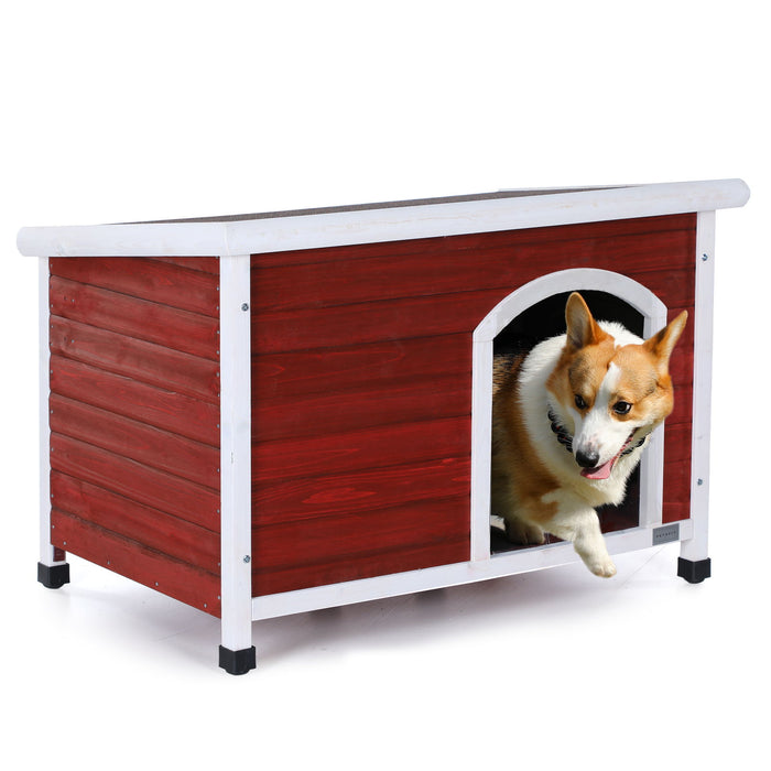 Medium Wooden Outdoor Dog House, Waterproof Roof, Elevated Floor, Adjustable Plastic Feet - Red