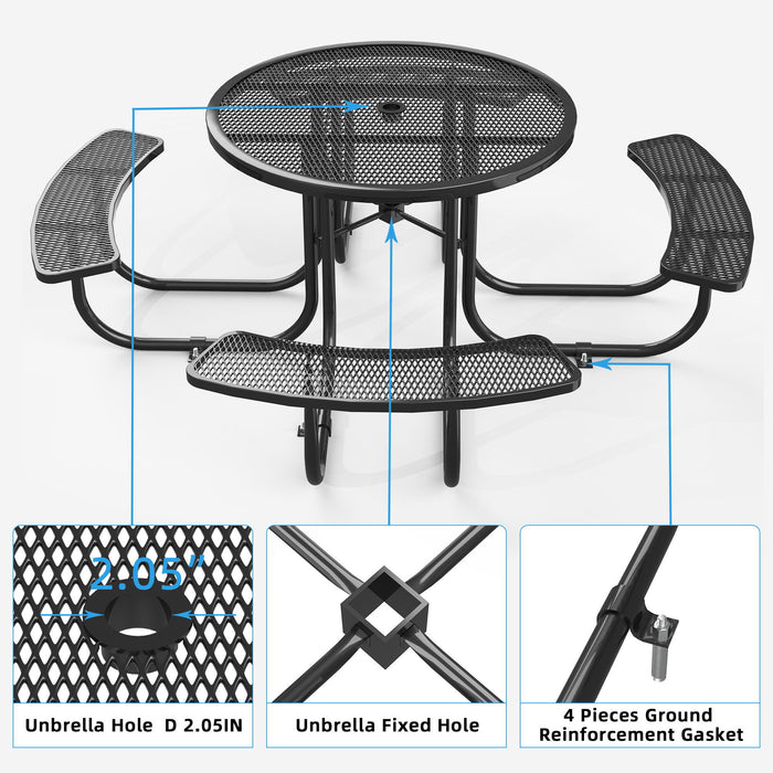 Round Outdoor Steel Picnic Table With Umbrella Pole - Black