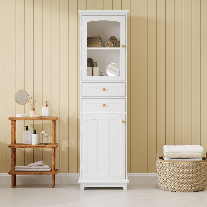 Tall Bathroom Storage Cabinet With Glass Doors, Free-Standing, Two Drawers, And Adjustable Shelves, MDF Board, Painted Perfect For Displaying Your Favorite Items