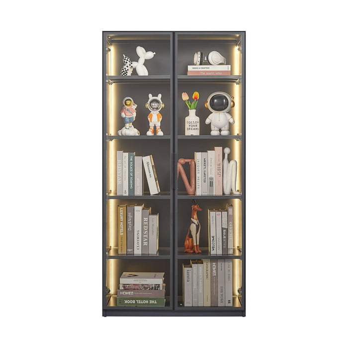 Best Selling New Design Double Door Metal Glass Display Storage Cabinet With Light Strip For Living Room - Gray