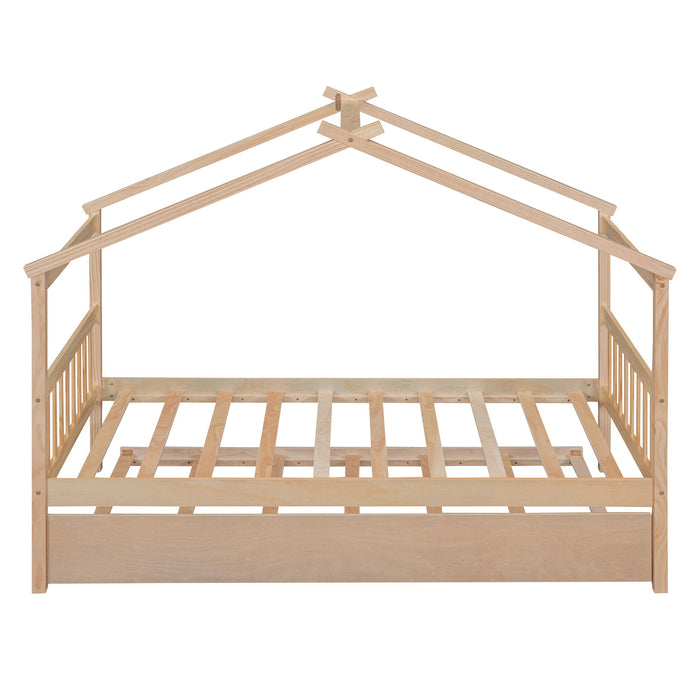 Twin Size Wooden House Bed With Twin Size Trundle - Natural