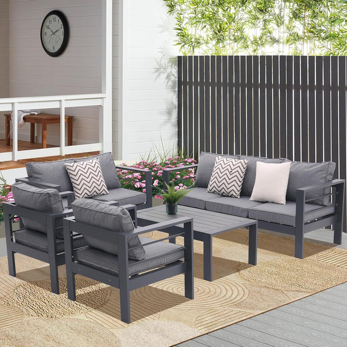 4 Piece Aluminum Outdoor Patio Conversation Set, All Weather Sectional Sofa Outside Furniture With Removable Cushions And Tempered Glass Coffee Table