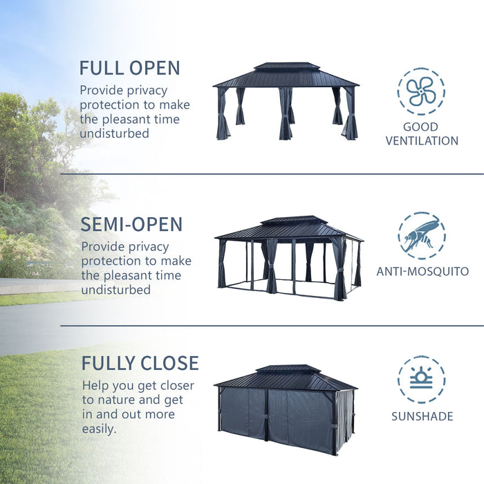 Gazebo Double Roof Canopy With Netting And Curtains, Outdoor Gazebo 2 Tier Hardtop Galvanized Iron Aluminum Frame Garden Tent For Patio, Backyard, Deck And Lawns