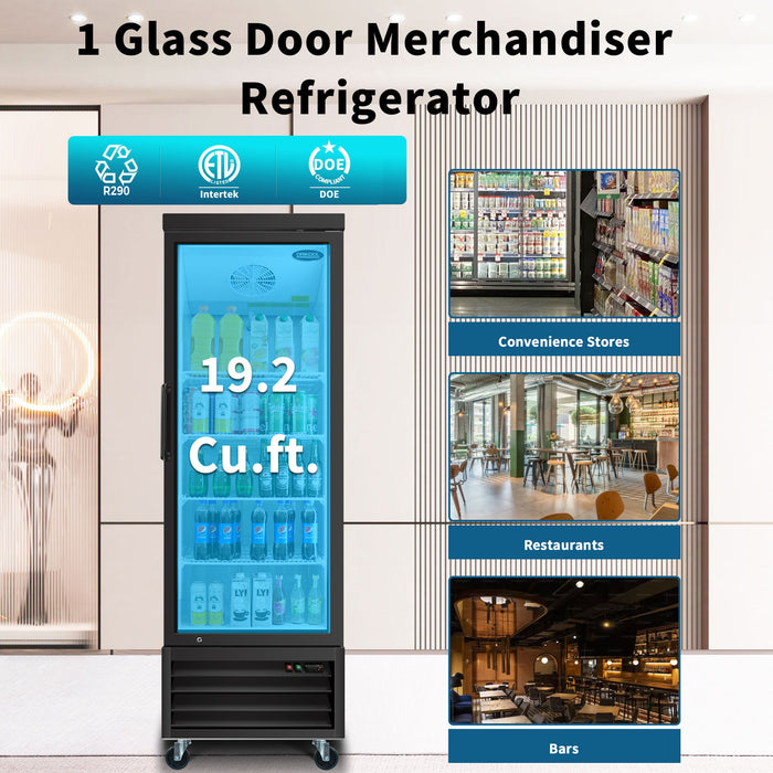 Glass Door Merchandiser Refrigerator 19.2 Cu.Ft Swing Door Commercial Display Refrigerators Merchandising Refrigeration With LED Top Panel - Black